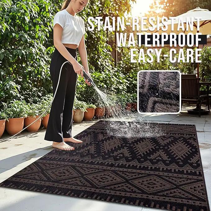 OLANLY Outdoor Rug Waterproof 4x6 ft, Reversible Outdoor Plastic Straw Rug, Boho Patio Rug, Indoor Outdoor Carpet, RV Mat Outside for Patio, Camp, Picnic, Balcony, Deck, Backyard, Black & Brown by GreenHaven Gardens