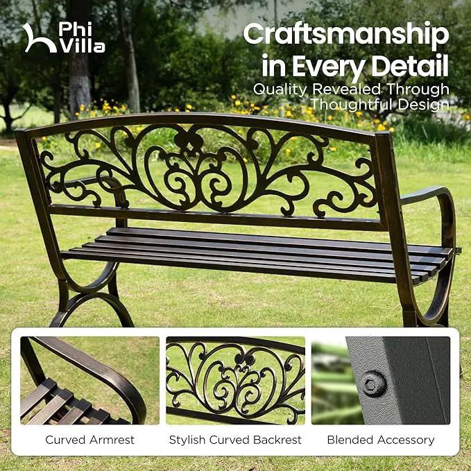 PHI VILLA 50Inch Cast Iron Steel Frame Garden Bench Patio Furniture Chair Outdoor Bench w/Floral Design Backrest, Slatted Seat for Park, Yard & Porch, Bronze by GreenHaven Gardens