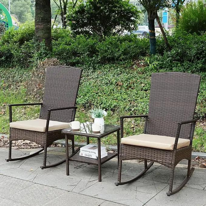 Outdoor Rocking Chair 3 Pieces High-Backed Rocking Chair Outdoor Patio Rocking Chairs Outdoor Table, Khaki by GreenHaven Gardens