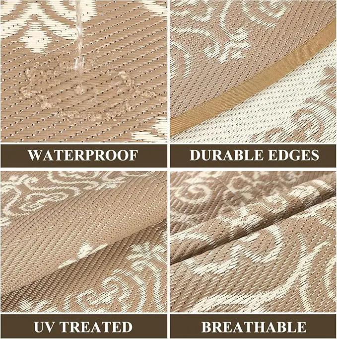 Pauwer Waterproof Outdoor Rug 8ft, Reversible Plastic Straw Patio Camping Rug, Indoor Outdoor RV Mat Carpet for Deck, Camper, Porch, Balcony, Backyard, Picnic, Floral Brown by GreenHaven Gardens
