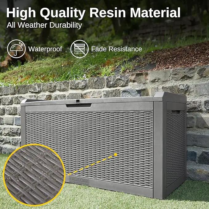 EAST OAK Outdoor Storage Box, 100 Gallon Deck Box, Waterproof Resin Storage Bench for Patio Cushions, Gardening Tools, Pool Accessories, Lockable, UV Resistant, Grey by GreenHaven Gardens