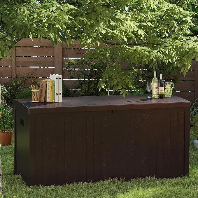 Outdoor Storage Box, 120 Gallon Deck Box Indoor and Outdoor Use, Waterproof Resin Storage Bin for Patio Cushions, Gardening Tools, Lockable, UV Resistant, Brown by GreenHaven Gardens