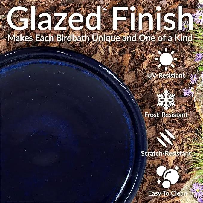 Sunnydaze 21" H Ceramic Bird Bath for Outside - Hand-Painted Outdoor Bird Bath Bowl, UV/Frost-Resistant Finish - Dark Blue - Cut Out Pedestal by GreenHaven Gardens