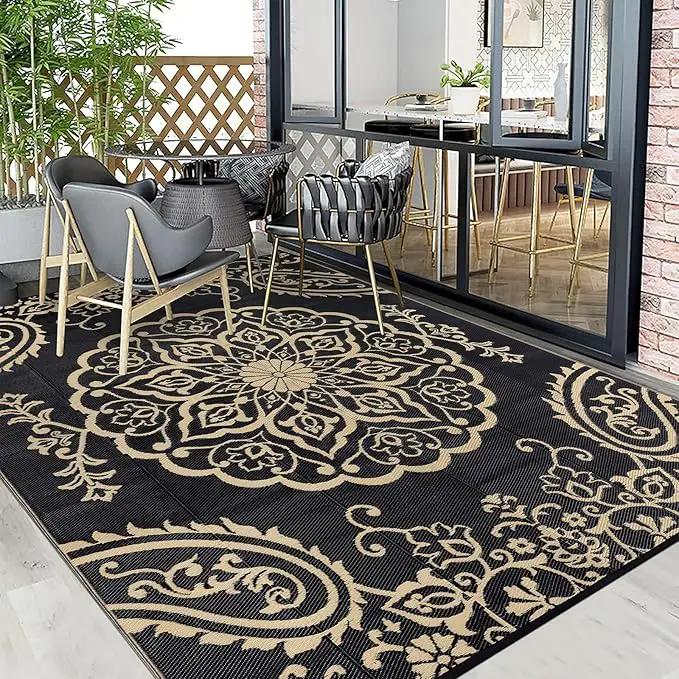 Pauwer Waterproof Outdoor Rug 8x10, Reversible Plastic Straw Patio Camping Rug, Indoor Outdoor RV Mat Carpet for Deck, Camper, Porch, Balcony, Backyard, Picnic, Boho Black Brown by GreenHaven Gardens