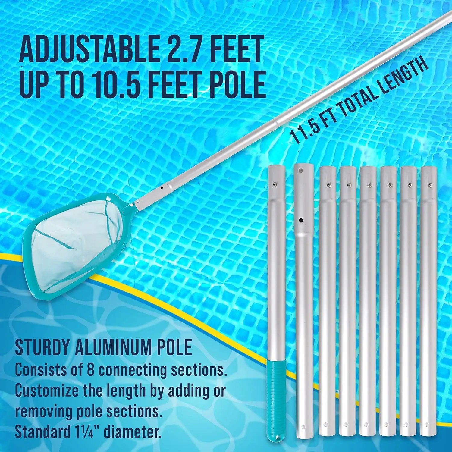 U.S. Pool Supply 11.5 Foot Swimming Pool Leaf Skimmer Net with Telescopic Aluminum Pole, 8 Sections - 6" Deep Ultra Fine Mesh Netting Basket, Remove Finest Debris, Adjustable Length, Clean Spas, Ponds by GreenHaven Gardens