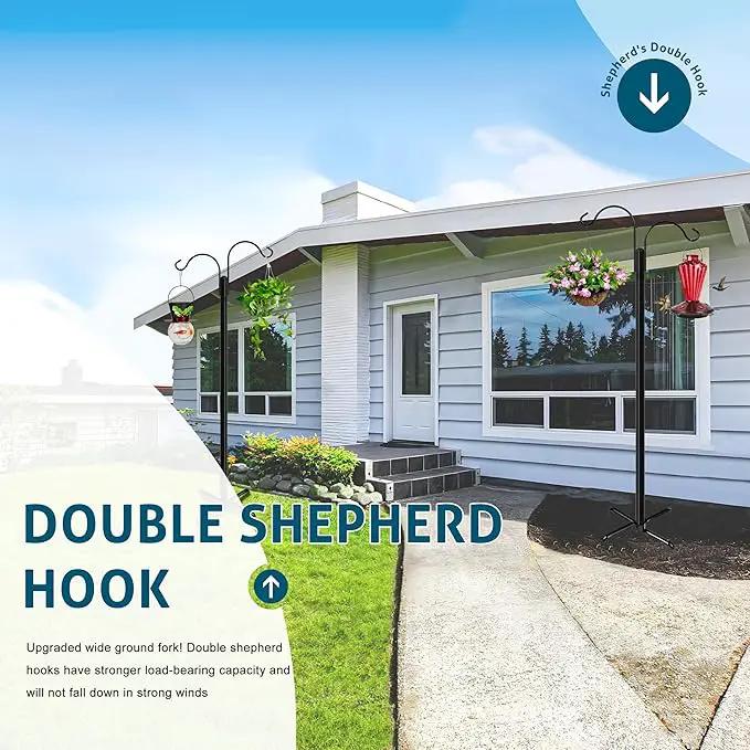 Ottsuls Double Shepherds Hooks for Outdoor, 76 Inch Bird Feeder Pole with 5 Prong Base, Upgrade 1 INCH Thick Heavy Duty Planter Hook for Hanging Baskets, Lantern,1 Pack by GreenHaven Gardens