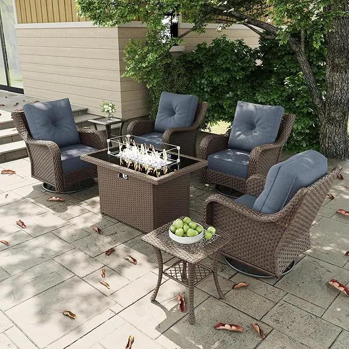 7 Pieces Outdoor Patio Furniture Sets with Rocking Swivel Chairs with 6-inch Thick Cushion and Fire Pit Table for Deck Lawn by GreenHaven Gardens