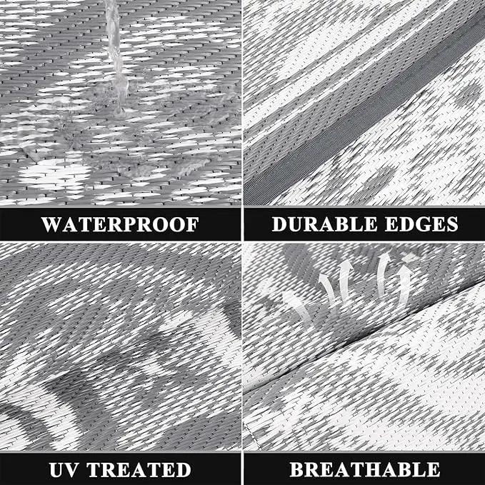 Pauwer Waterproof Outdoor Rug 9x12, Reversible Plastic Straw Patio Camping Rug, Indoor Outdoor RV Mat Carpet for Deck, Camper, Porch, Balcony, Backyard, Picnic, Clover Grey by GreenHaven Gardens