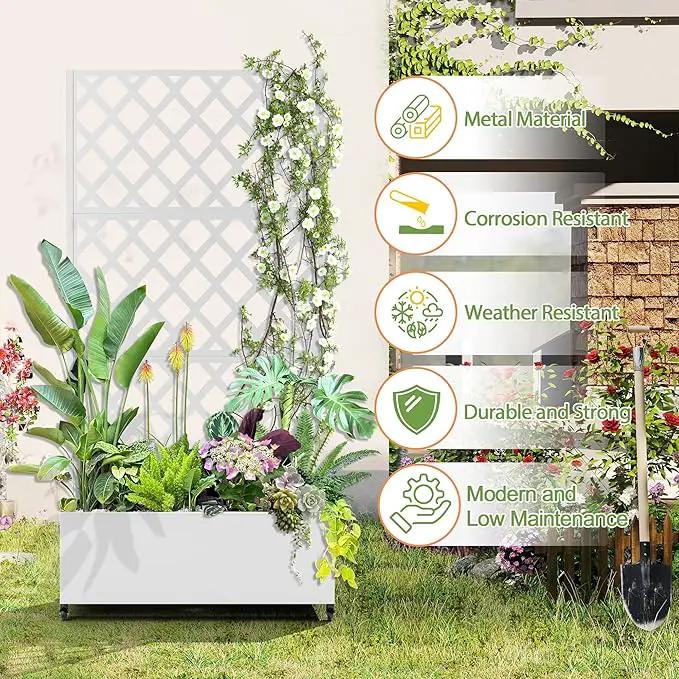 Metal Planter Trellis Box with Wheels & Drain Plug Outdoor Raised Garden Bed Patio Privacy Screen with Planter for Climbing Plants, Vegetables 73"x35"x16" White-Diamond by GreenHaven Gardens
