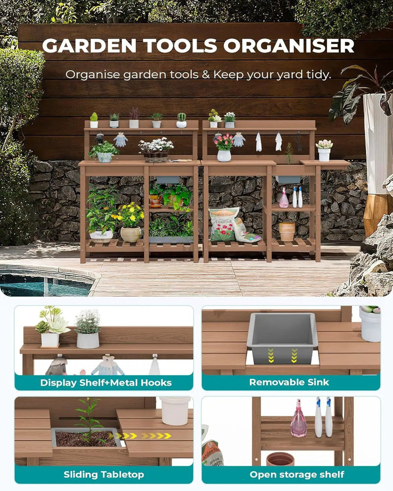 SERWALL Potting Bench Outdoor Potting Table with Sink, HDPE Potting Benches for Outside Gardening Table All Weather Use- Brown by GreenHaven Gardens