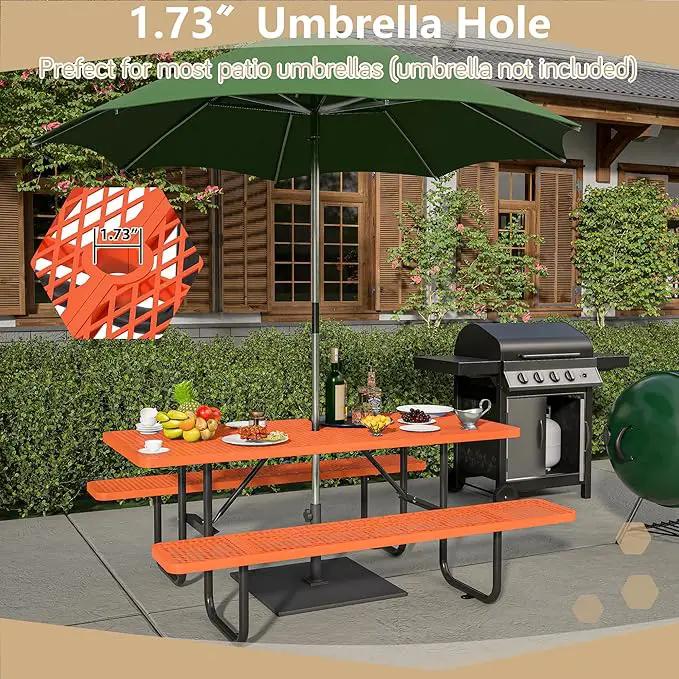 72'' Steel Rectangular Picnic Table for Outdoors, Expanded, Lifetime Picnic Table with Umbrella Hole, Heavy Duty Sturdy Commercial Picnic Tables for Garden Courtyard BBQ, Orange by GreenHaven Gardens
