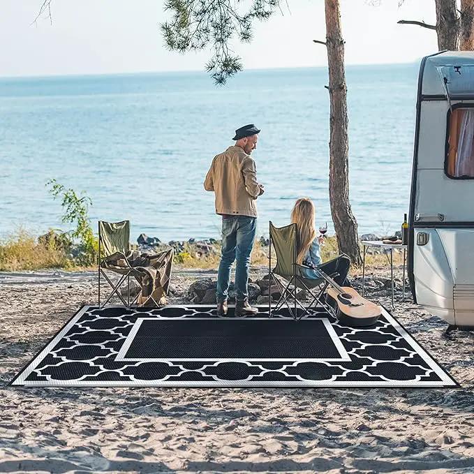 GENIMO 5' x 8' Outdoor Rug Waterproof for Patio Decor, Foldable Reversible Plastic Straw Area Rugs Mat for Camper, Outside Carpet for Rv, Deck, Porch, Picnic, Beach, Balcony, Black & White by GreenHaven Gardens