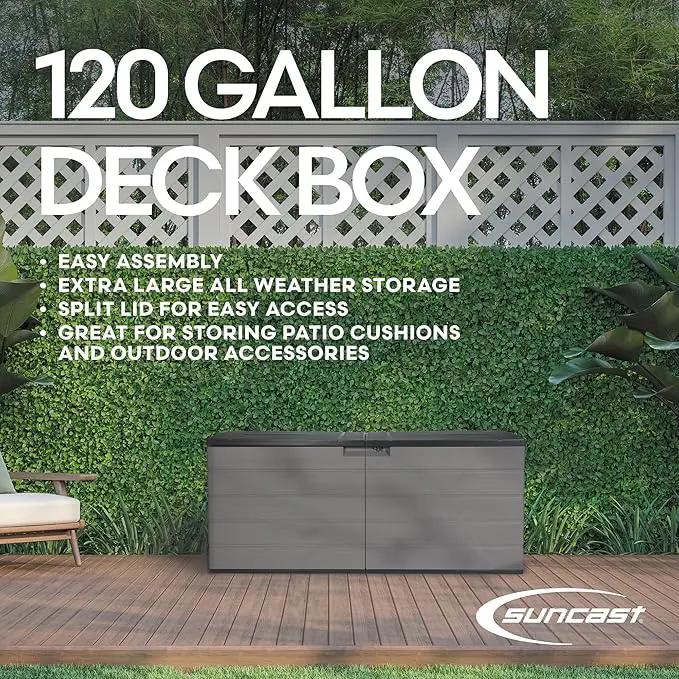 Suncast 120-Gal. All-Weather Patio Deck Box with Pad-Lockable Split Top Lid, Extra-Large Outdoor Storage Unit for Patio Furniture and Grill Tools, Made in the USA by GreenHaven Gardens