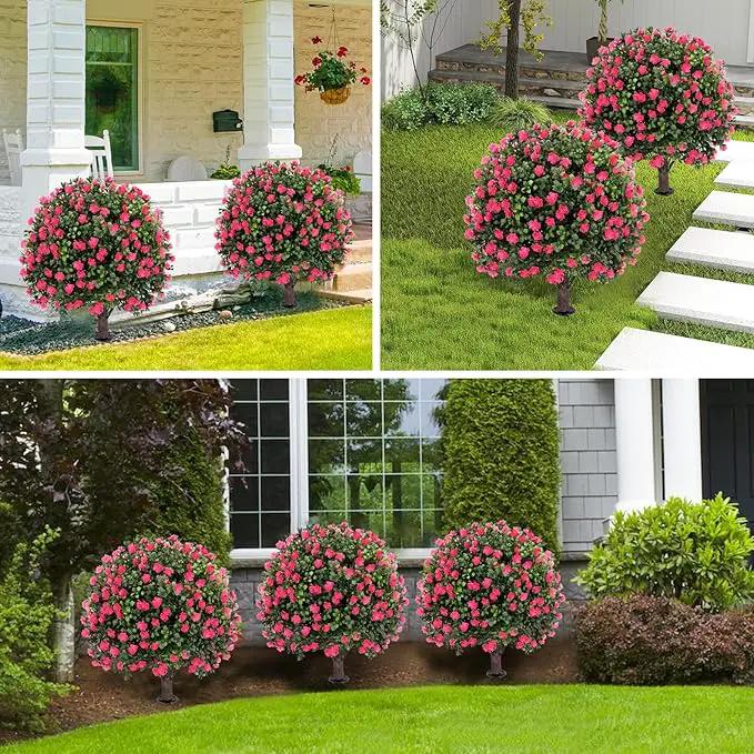 Artificial Pink camellia Topiary Ball Tree 25" with Ground Spike, Set of 2 Artificial Boxwood Bushes for Faux Shrubs, Fake Evergreen Faux Plant for Indoor Outdoor Garden -UV Resistant–Fade-Proof by GreenHaven Gardens