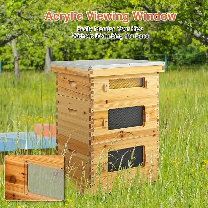 CREWORKS 10 Frame Bee Hive, 3 Layers Beeswax Coated Beehive Starter Kit with Frames & Foundations, Langstroth Bees Hives Box with Transparent Acrylic (Window Medium Box & 2 Deep Boxes) by GreenHaven Gardens