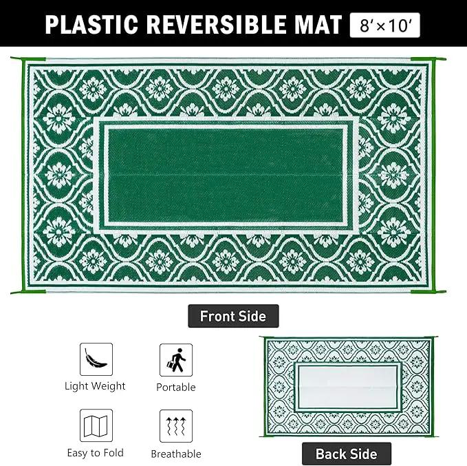 Outdoor Rug 8x10 Patio Waterproof Mat Camping Carpet Outside Area Rug Reversible Green Rugs for RV Deck Entryance Porch Picnic Balcony Beach by GreenHaven Gardens