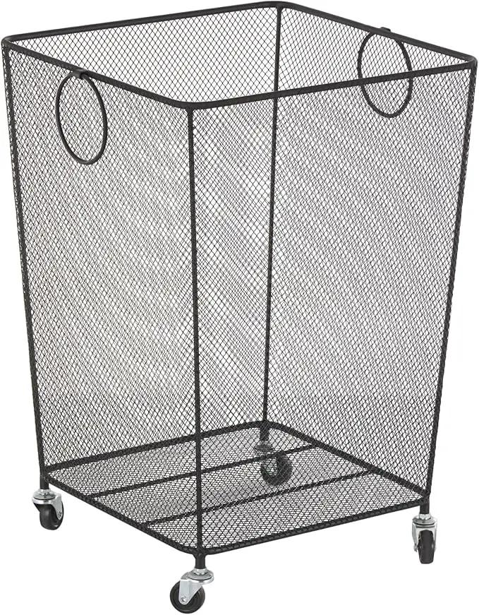 Deco 79 Metal Storage Basket Square Mesh Wire Rolling Laundry with Ring Handles, 17" x 16" x 24", Black by GreenHaven Gardens