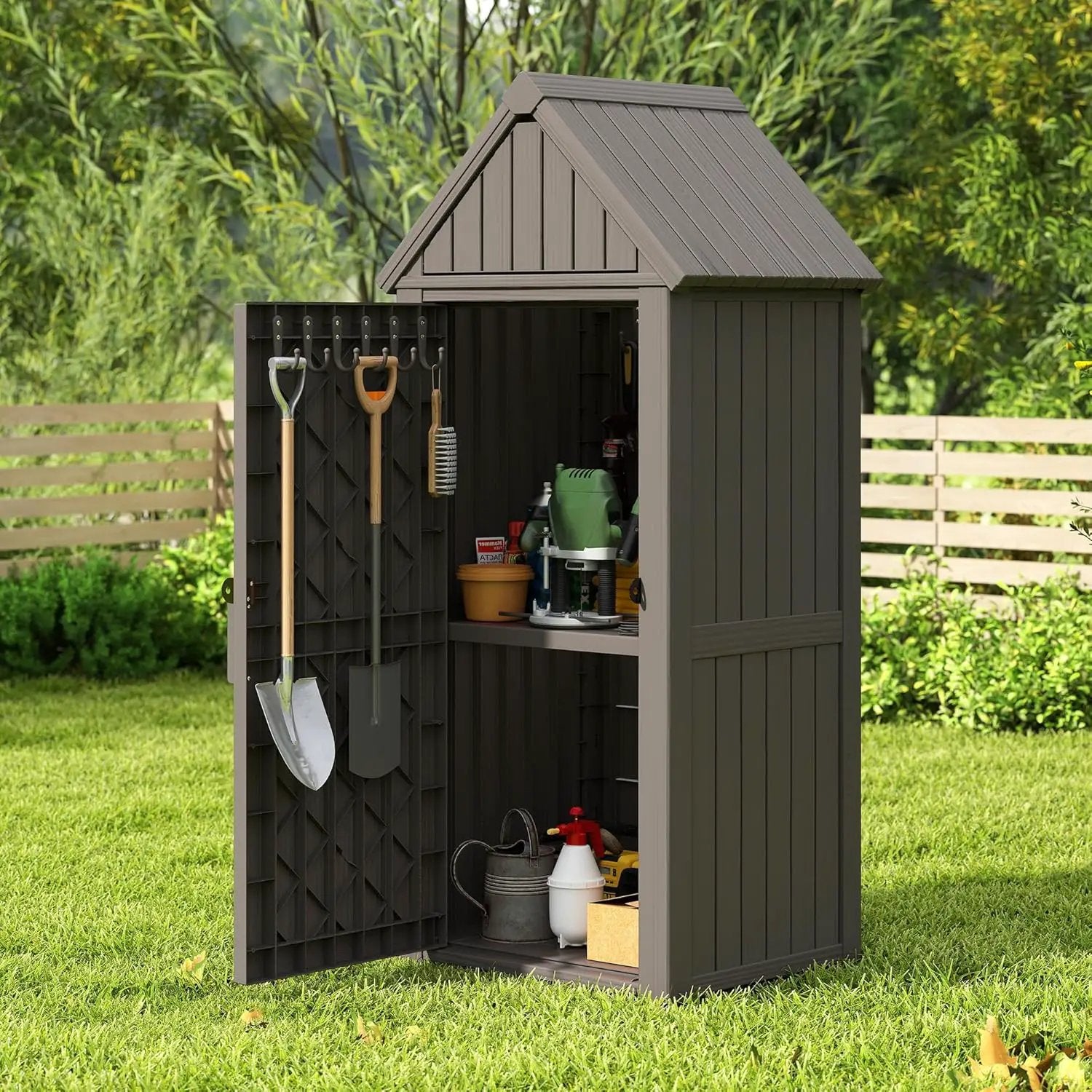 Shed Outdoor Storage Shed with Sloping Roof and Lockable Door, Resin Outdoor Storage Box Cabinet Waterproof and Multiple Hooks for Backyard, Patio, Poolside, Grey by GreenHaven Gardens