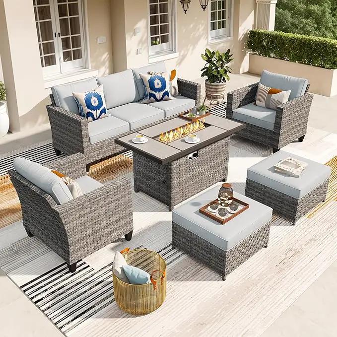 ovios 6 Pieces Patio Furniture Set with 42" Fire Pit Table, Outdoor Wicker Sofa with Comfy Cushions, All Weather High Back Rattan Couch Conversation Set, Grey by GreenHaven Gardens