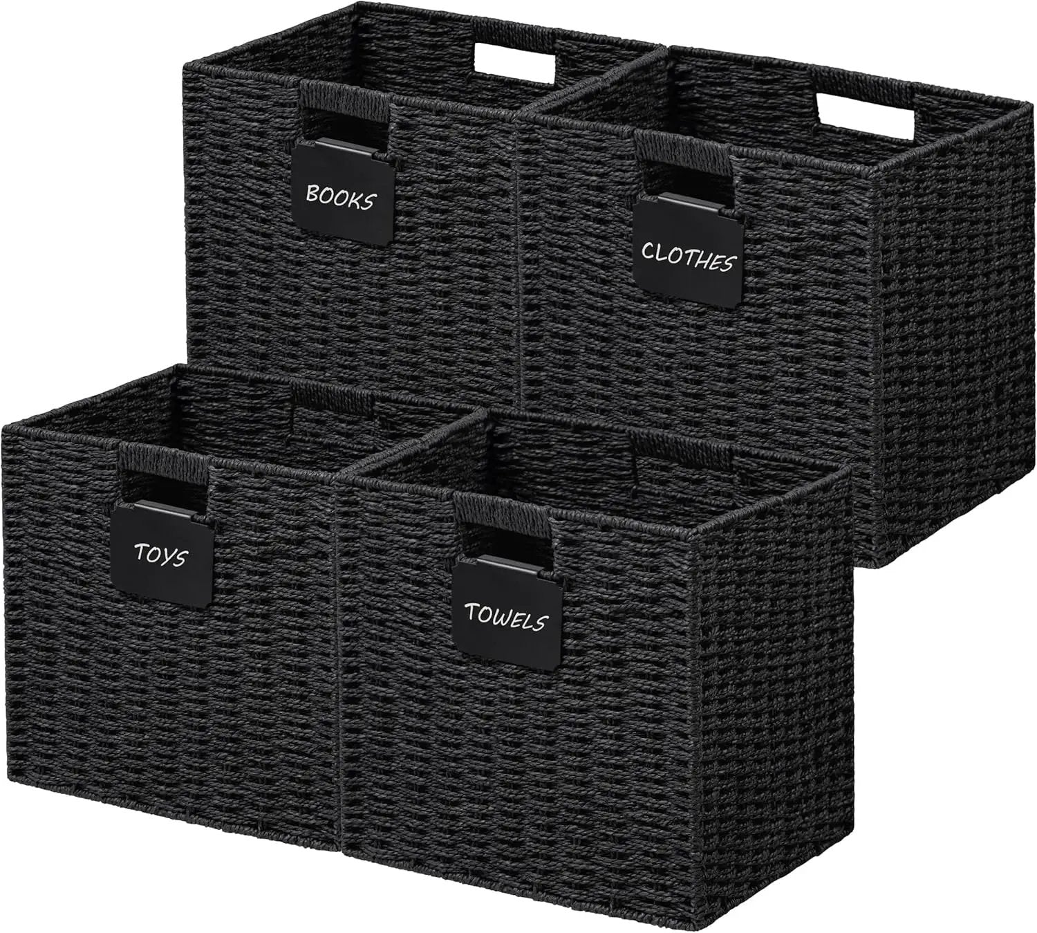 UBBCARE 4 Pack Wicker Basket, 13×13 Storage Cubes with Label, Foldable Cube Storage Bin with Handle, Square Storage Basket for Shelves, Woven Paper Rope Basket for Organizing, Black by GreenHaven Gardens