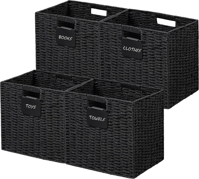 UBBCARE 4 Pack Wicker Basket, 12×12 Storage Cubes with Label, Foldable Cube Storage Bin with Handle, Square Storage Basket for Shelves, Woven Paper Rope Basket for Organizing, Black by GreenHaven Gardens