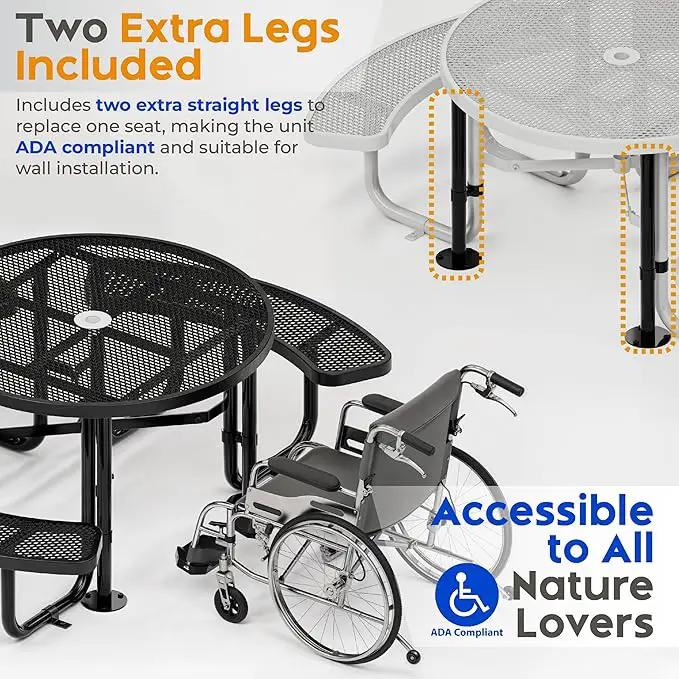 Metal Picnic Tables for Outdoors with Umbrella Hole - Coated Steel Heavy Duty Commercial Grade Table with Adjustable Seats (Black, 46 in, Round, Expanded Steel) by GreenHaven Gardens