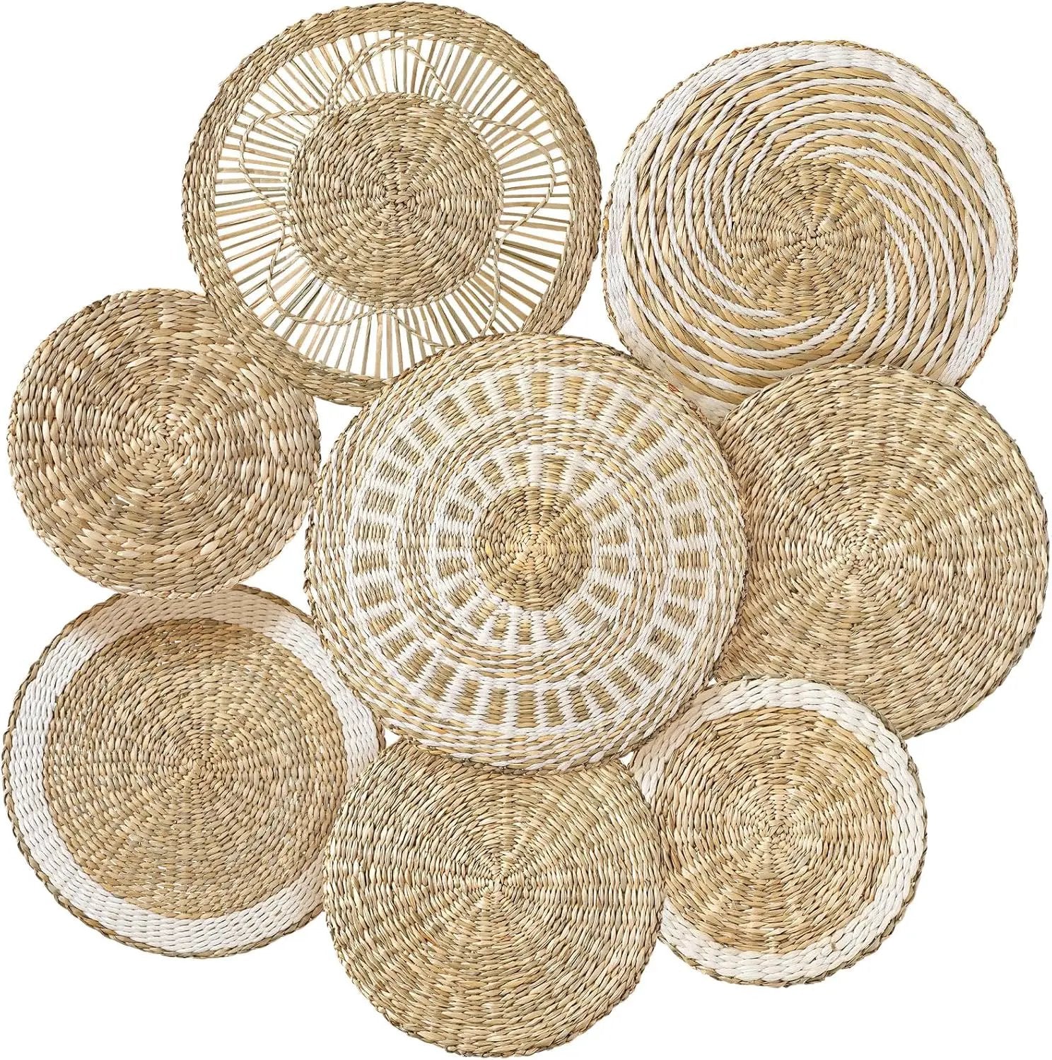 Xuhal Set of 8 Hanging Woven Wall Basket Handmade Decorative Rustic Boho Basket Decor Handcrafted Wicker Round Seagrass Wall Art for Home Kitchen Farmhouse Table Living Room by GreenHaven Gardens