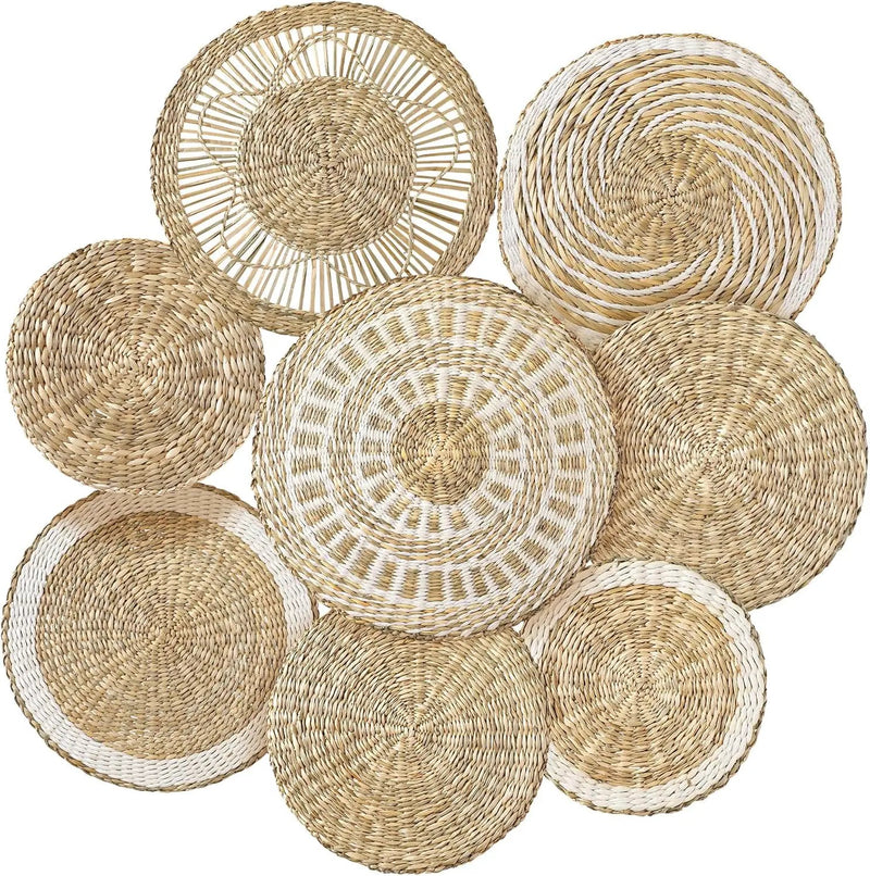 Xuhal Set of 8 Hanging Woven Wall Basket Handmade Decorative Rustic Boho Basket Decor Handcrafted Wicker Round Seagrass Wall Art for Home Kitchen Farmhouse Table Living Room by GreenHaven Gardens