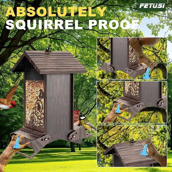 Squirrel Proof Bird Feeder for Outdoor Hanging,Metal Bird Seed Feeder with Bilateral Weight Activated Perches,5LB Large Capacity Wild Bird Feeders for Outside,Easy Refill and Clean,Brown by GreenHaven Gardens