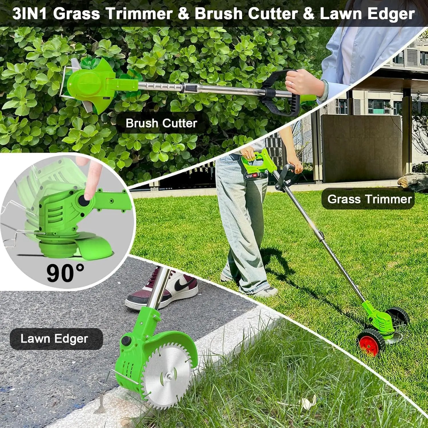 Electric Weed Wacker Eater Battery Powered, Cordless 21V Weed Trimmer with 2 Battery Operated & Charger & Wheels & Shears, 3 in 1 Lightweight Grass Trimmer/Edger/Brush Cutter for Garden Yard Lawn by GreenHaven Gardens
