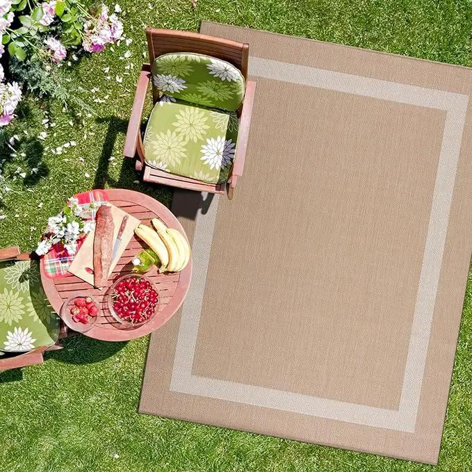 CAMILSON Outdoor Rug 6x9, Modern Outside Rugs for Patios Porches Waterproof Durable Washable Non-Shedding, Easy-to-Clean Indoor Outdoor Area Carpet (6 x 9, Bordered - Beige/White)