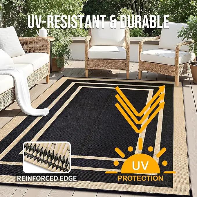 OLANLY Outdoor Rug 6x9 ft Waterproof, Reversible Outdoor Plastic Straw Rug, RV Mat, Indoor Outdoor Carpet Clearance for Patio, Camping, Balcony, Deck, Backyard, Black & Beige by GreenHaven Gardens