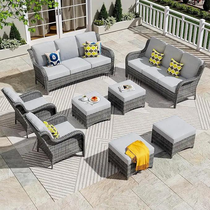 ovios 8 Pieces Patio Furniture Set, Outdoor Wicker Sofas with 2 Chairs, 4 Ottomans and Comfy Cushions, All Weather High Back Couch Set for Deck Porch, Grey Rattan, Grey by GreenHaven Gardens