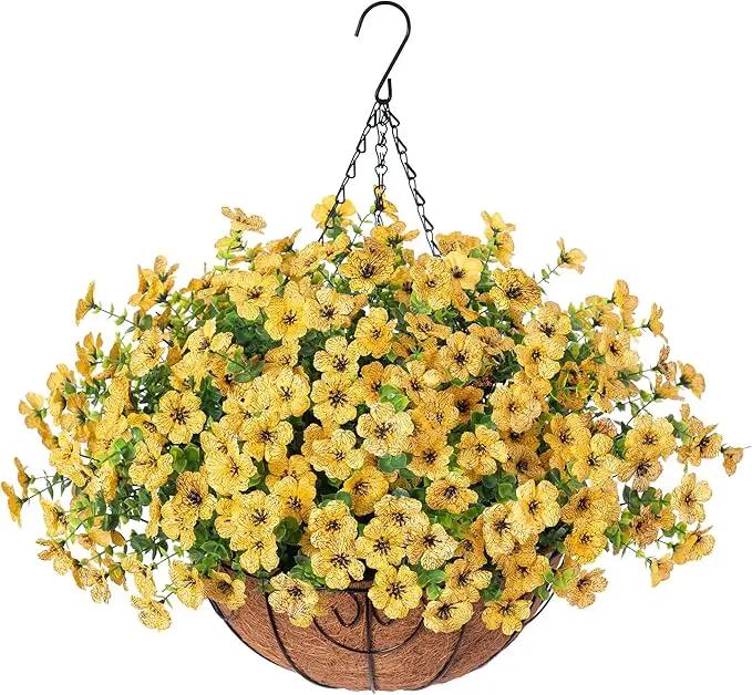 Artificial Fake Fall Hanging Mums Plants Flowers Basket for Outdoor, Autumn Faux Silk Yellow Daisy in Hang Planter Look Real UV Resistant for Porch Home Patio Balcony Yard Decor by GreenHaven Gardens
