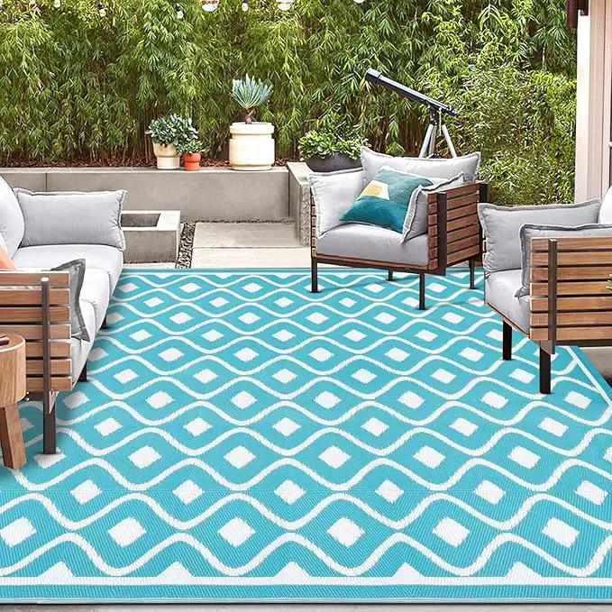 Pauwer Waterproof Outdoor Rug 8x10, Reversible Plastic Straw Patio Camping Rug, Indoor Outdoor RV Mat Carpet for Deck, Camper, Porch, Balcony, Backyard, Picnic, Geometric Teal by GreenHaven Gardens