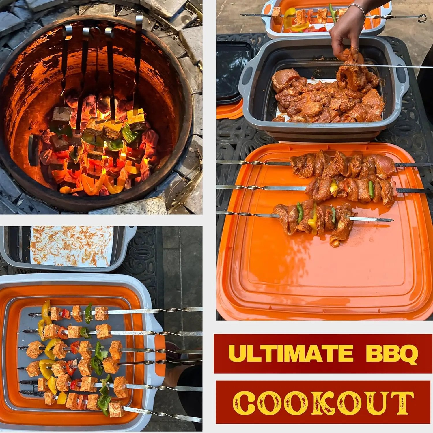 Collapsible X-Large (16L) BBQ Marinating Tub w/Cutting Board | Multipurpose Food-Grade TPE Prep Tub w/Lid | Built-in Colander & Drain Plug - for Camping | Tailgate | Picnic - Bold Orange by GreenHaven Gardens