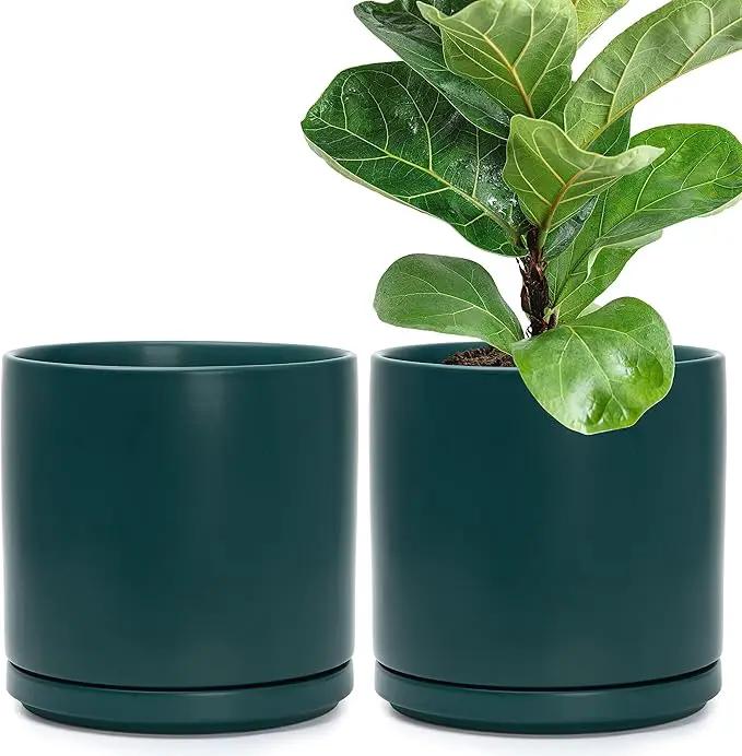 D'vine Dev Set of 2 Plants Pots, 10 Inch Ceramic Planter Pot for Plants with Drainage Hole and Saucer, Teal, 94-V-E-9 by GreenHaven Gardens