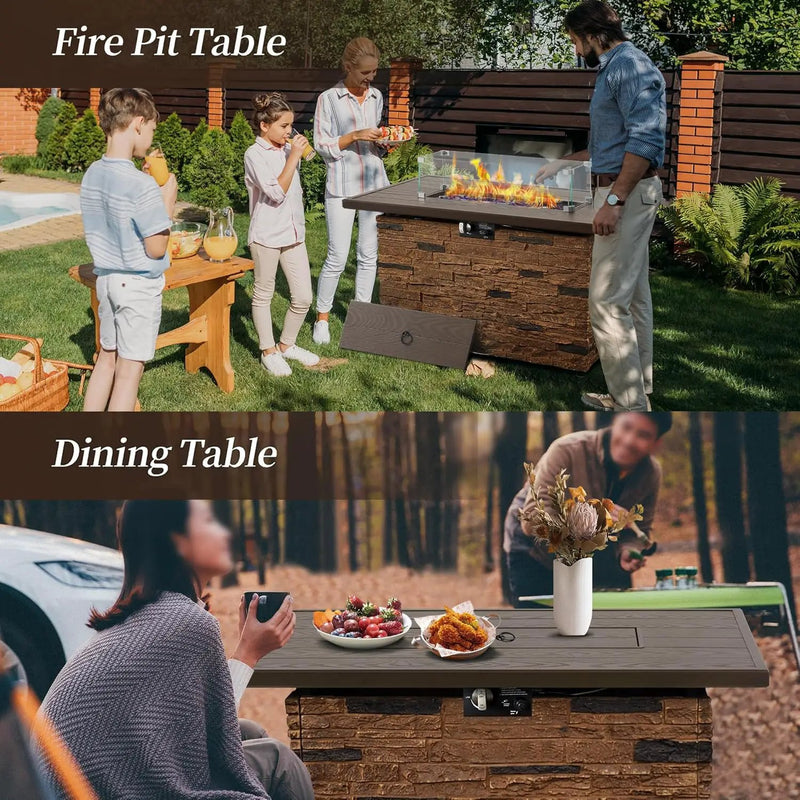 43” Propane Fire Pit Table Outdoor Rectangular Stone Firepit Table 50,000 Btu Propane Fire Tables for Outside Patio with Glass Wind Guard, Lid, Fire Glass Beads,Brown Rock Look by GreenHaven Gardens