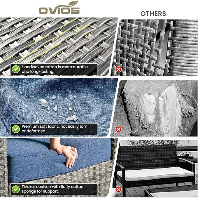 ovios 6 Pieces Patio Furniture Set with 54" Fire Pit Table, Outdoor Wicker Sofa with Comfy Cushions, All Weather High Back Rattan Couch Conversation Set, Denim Blue by GreenHaven Gardens