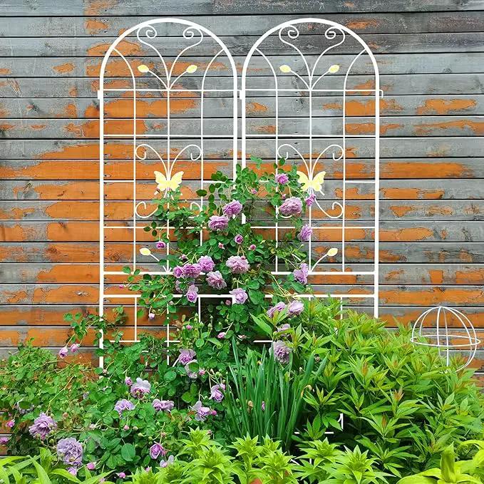 2 Pack Metal Garden Trellis 86.7" Black Fence Rustproof Garden Trellis for Climbing Plants Support Roses Flower Outdoor Lawn, Cream White by GreenHaven Gardens