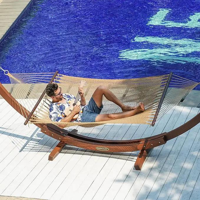 Lazy Daze Hammocks 10.5 FT Double 2 Person Caribbean Rope Hammock, Hand Woven Polyester Hammock with Spreader Bars, for Outside Outdoor Backyard Patio Poolside,450 LBS Capacity, Tan by GreenHaven Gardens