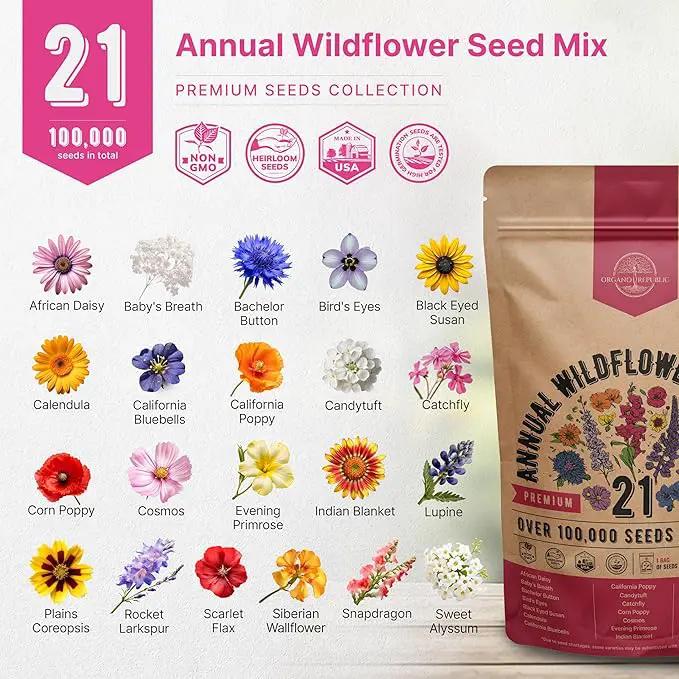 Organo Republic 21 Annual Wildflower Seeds Mix for Indoor & Outdoors. 100,000+ Non-GMO, Heirloom Wildflower Garden Seeds, 4oz Packet for Growing Wild Flowers to Attract Bees, Butterflies & Birds by GreenHaven Gardens