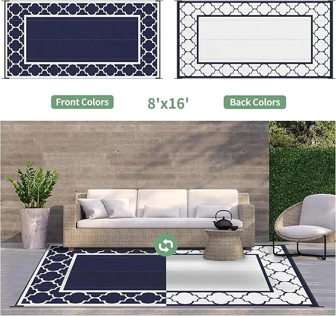 GENIMO 8' x 16' Outdoor Rug Waterproof for Patio, Foldable Reversible Plastic Straw Area Rugs Mat for Rv Decor, Outside Carpet for Camper, Deck, Picnic, Beach, Balcony, Porch, Blue & White by GreenHaven Gardens
