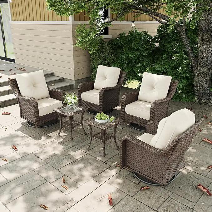 6 Pieces Outdoor Patio Furniture Sets with Rocking Swivel Chairs with 6-inch Thick Cushion and Side Table for Deck Lawn by GreenHaven Gardens