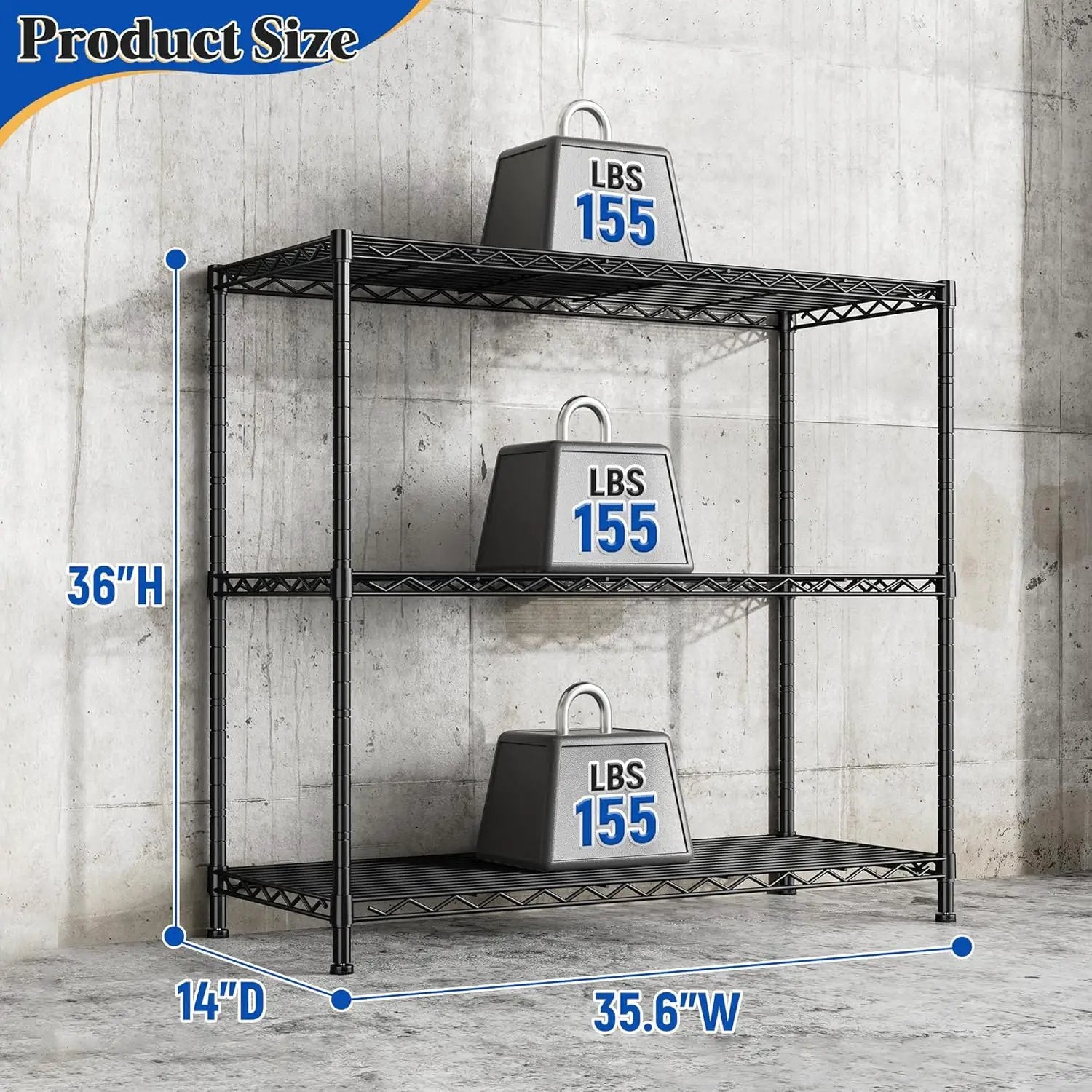 3- Shelf Metal Shelving Unit 35.6Wx14Dx36H Adjustable Storage Shelves Heavy Duty Garage Shelving Steel Wire Shelving for Laundry Bathroom Kitchen Pantry Closet Garage Black by GreenHaven Gardens