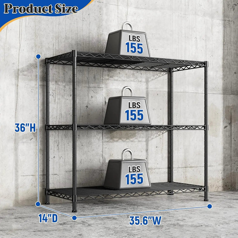 3- Shelf Metal Shelving Unit 35.6Wx14Dx36H Adjustable Storage Shelves Heavy Duty Garage Shelving Steel Wire Shelving for Laundry Bathroom Kitchen Pantry Closet Garage Black by GreenHaven Gardens