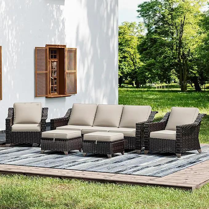 Joyside Wicker Patio Furniture Sets, 5 Pieces Upgraded Large Size Outdoor Furniture with Patio Dining Chairs, 3-Seat Sofa and Outdoor Ottoman, Thick Cushions, Wide Armrest by GreenHaven Gardens