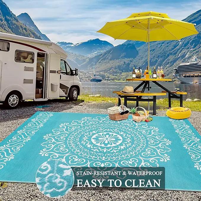 Pauwer Waterproof Outdoor Rug 8x10, Reversible Plastic Straw Patio Camping Rug, Indoor Outdoor RV Mat Carpet for Deck, Camper, Porch, Balcony, Backyard, Picnic, Floral Teal by GreenHaven Gardens
