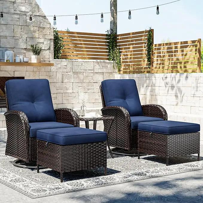 Joyside 5 Piece Patio Furniture Set, Outdoor Swivel Chair Sets with Thick Cushion and Ottoman, Wicker Patio Conversation Set for Porch, Deck Use (Brown/Blue, 5 PCS) by GreenHaven Gardens