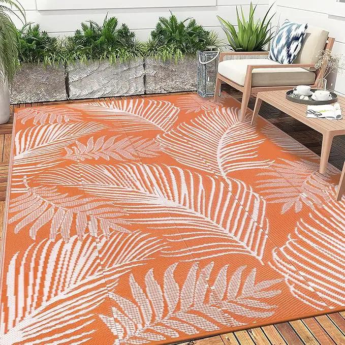 Pauwer Waterproof Outdoor Rug 6x9, Reversible Plastic Straw Patio Camping Rug, Indoor Outdoor RV Mat Carpet for Deck, Camper, Porch, Balcony, Backyard, Picnic, Leaf Orange by GreenHaven Gardens